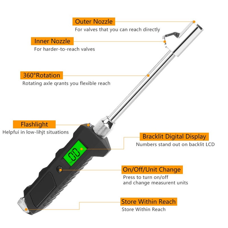 Number-one Digital Tire Pressure Gauge 230 PSI Auto Shut Off LCD Backlight Digital Display RV Heavy Duty Dual Head Rotatable Pressure Measuring Valve with LED Flashlight for RV Car Truck Motorcycle - Image 2